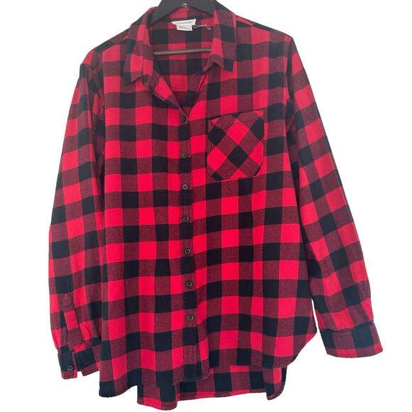 Beach Lunch Lounge Red Black Plaid Button Up Shirt XL Fall Basic Cozy Casual - Picture 1 of 3